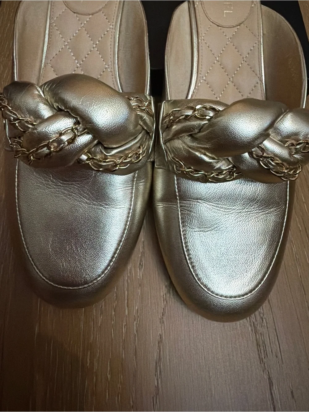 CHANEL | Shoes | Chanel Braided Chain Metallic Gold Slide Mules